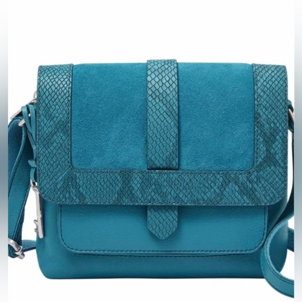 FOSSIL LEATHER/SUEDE KINLEY CROSSBODY TEAL BLUE SMALL NEW WITH TAGS
